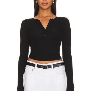Enza Costa Black Silk Ribbed Long-Sleeve Henley Top L 2026